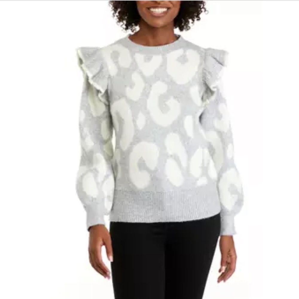 Crown & Ivy Long Sleeve Ruffle Animal Print Sweater SZ XL